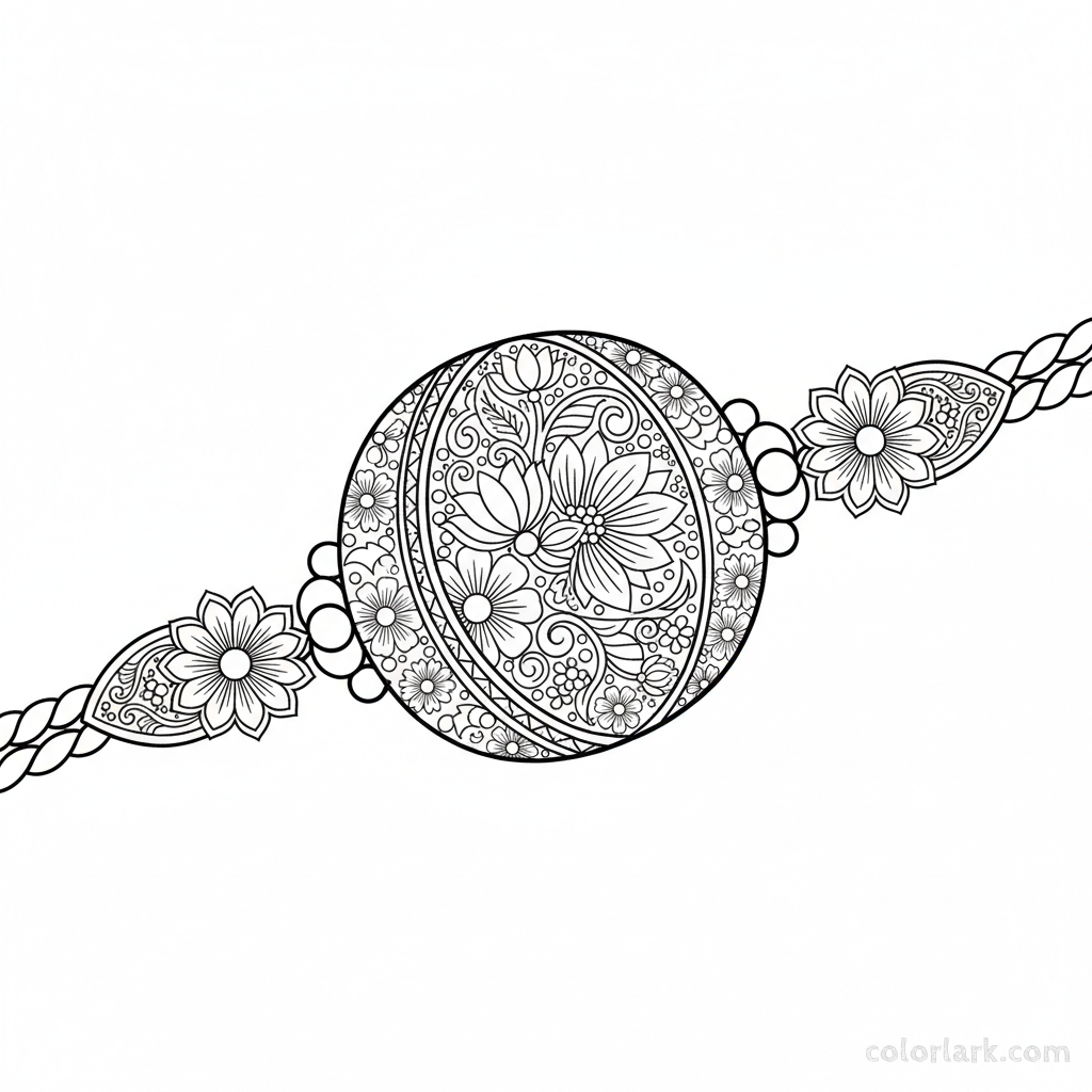 Black and white line art of a traditional bangle style Rakhi with ornate Indian jewelry patterns and rich details for coloring.