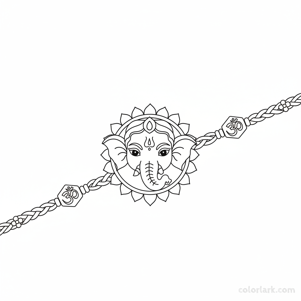 Black and white line art of a traditional Ganesha face Rakhi with classic features and sacred symbols for devotional coloring.