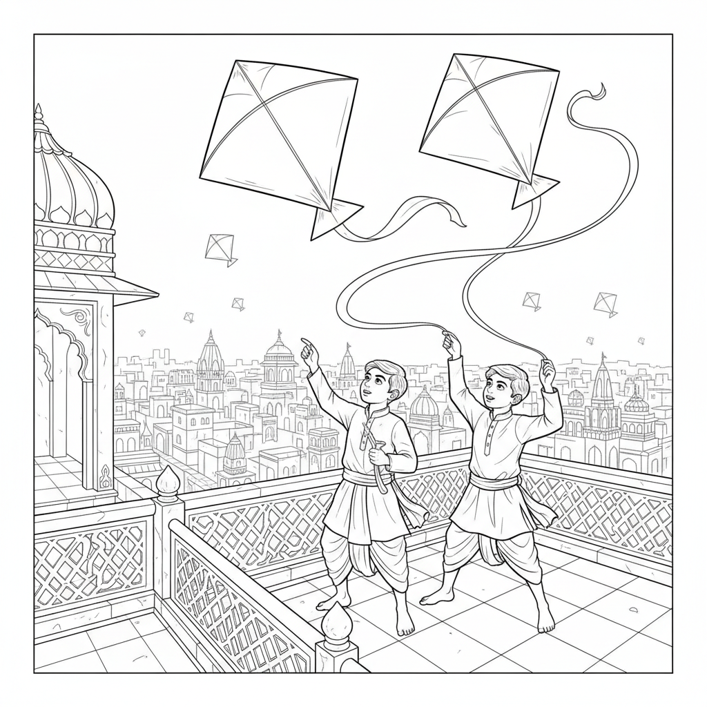 Line art of Indian boys flying kites on a heritage Indian city rooftop, depicting a traditional game, for coloring.