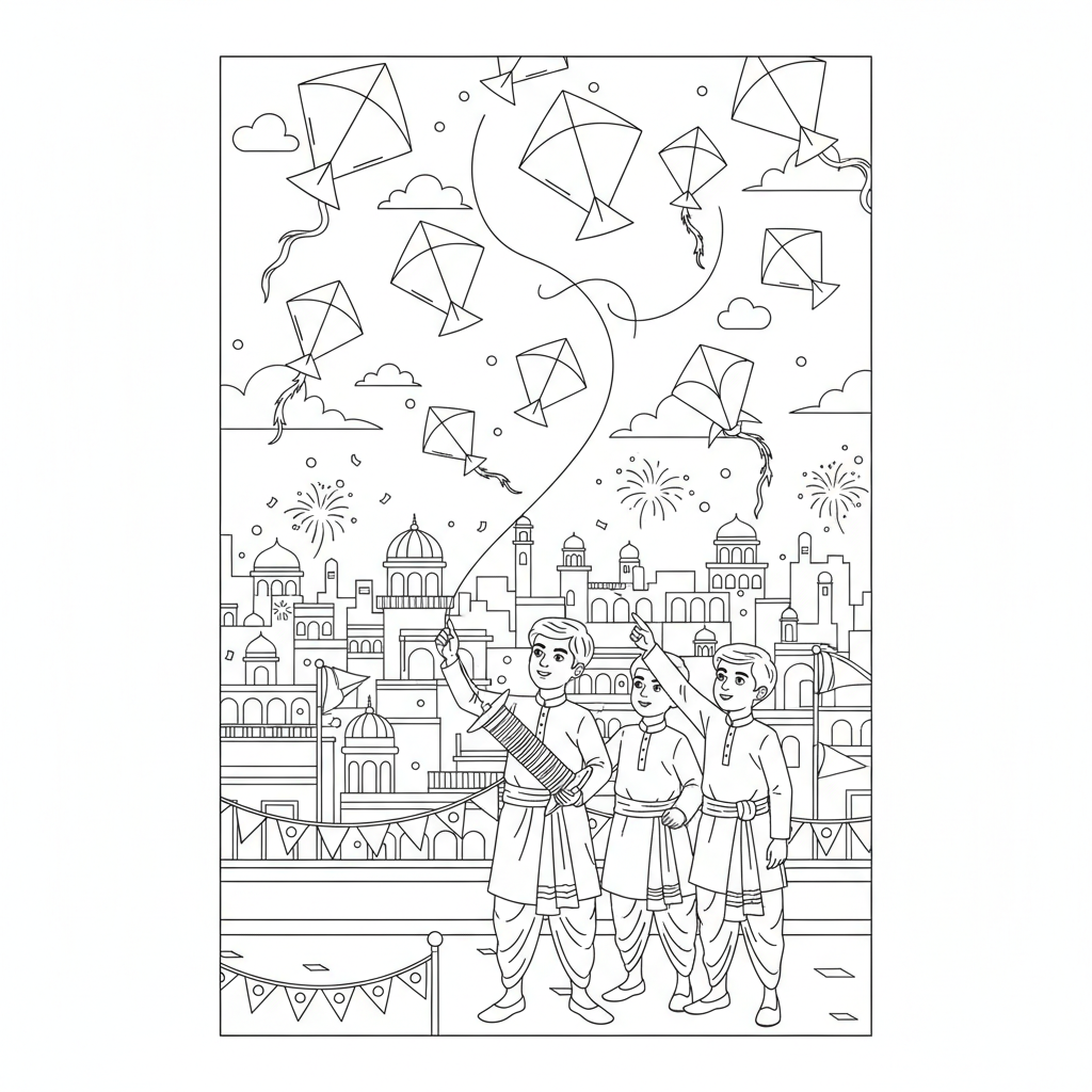 Line art of Indian boys at a traditional kite festival scene on an Indian city rooftop, for coloring.