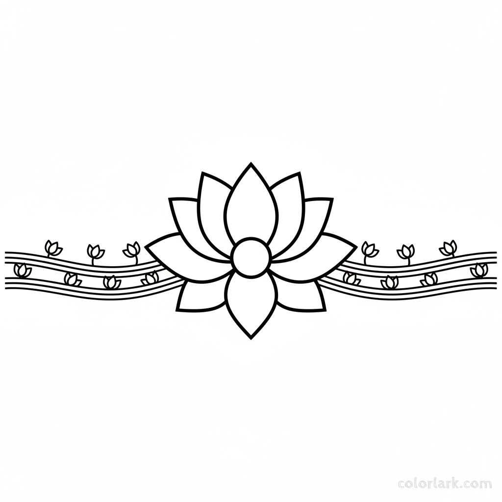 Black and white line art of a traditional lotus flower Rakhi with symmetrical petals and bud outlines, symbolizing purity for coloring.