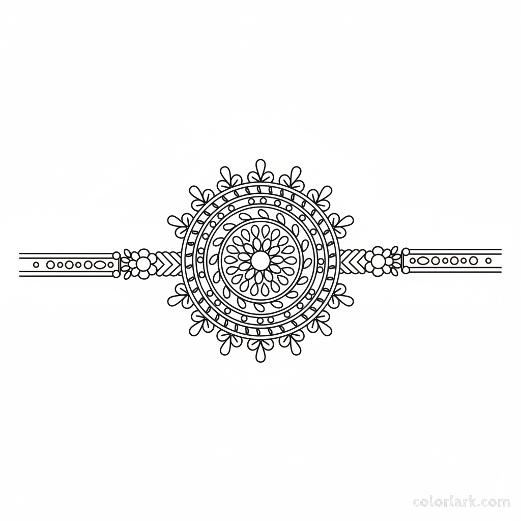 Black and white line art of a traditional Marwari style Rakhi with mirror work outlines and geometric embroidery patterns.