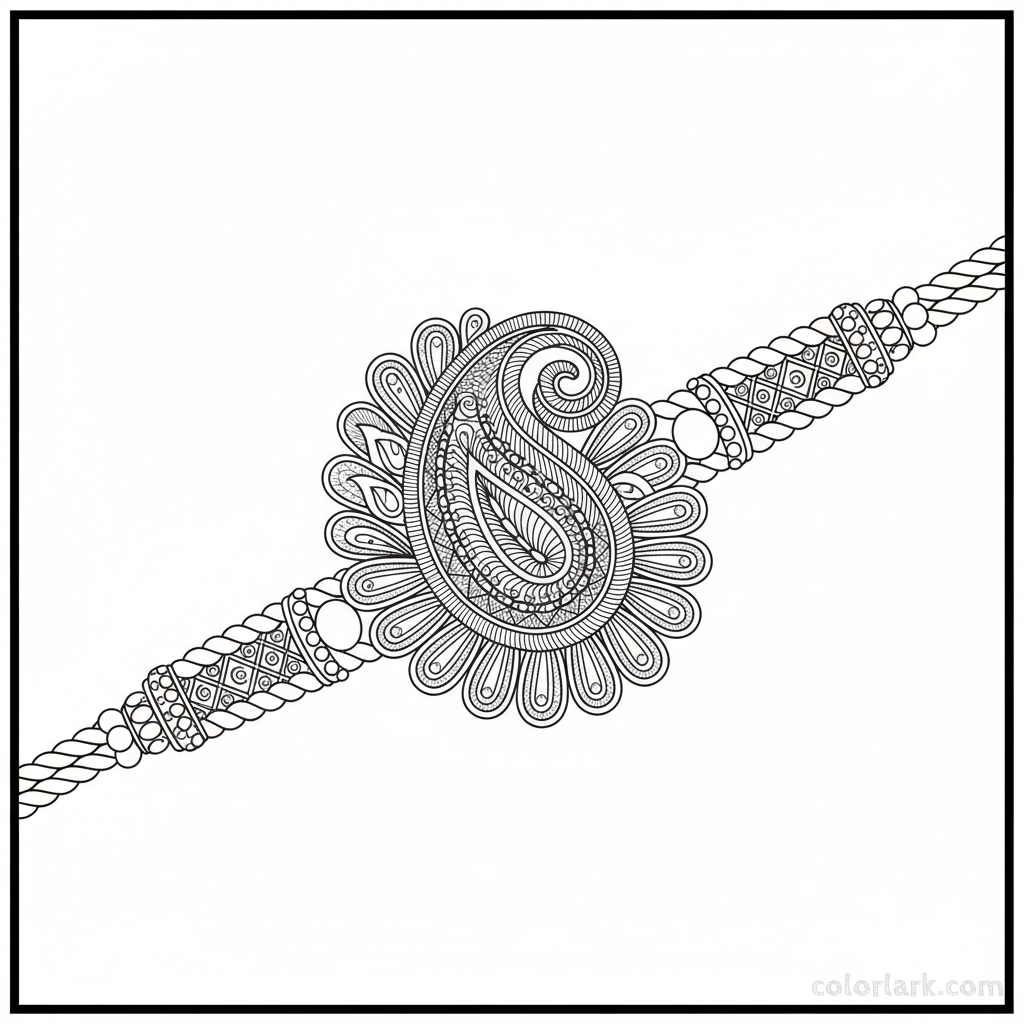 Black and white line art of a traditional Zardozi style Rakhi with ornate floral and paisley embroidery details for advanced coloring.