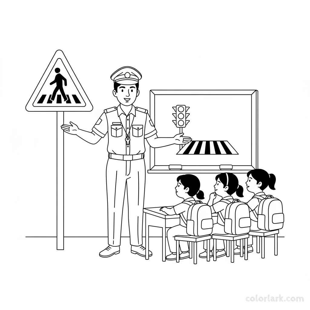 Black and white line art of a traffic awareness class learning about an Indian pedestrian crossing warning sign.