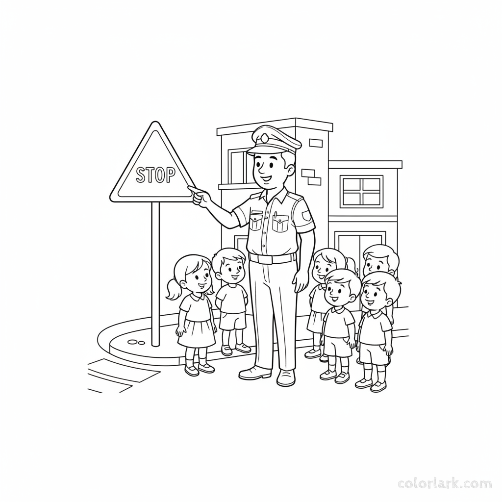 Coloring page of an Indian traffic cop showing a Stop sign to children.