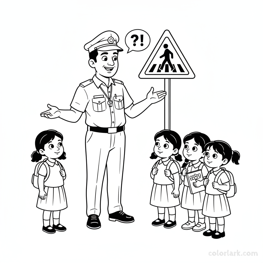 Coloring page of a traffic warden explaining an Indian Pedestrian Crossing sign to kids.