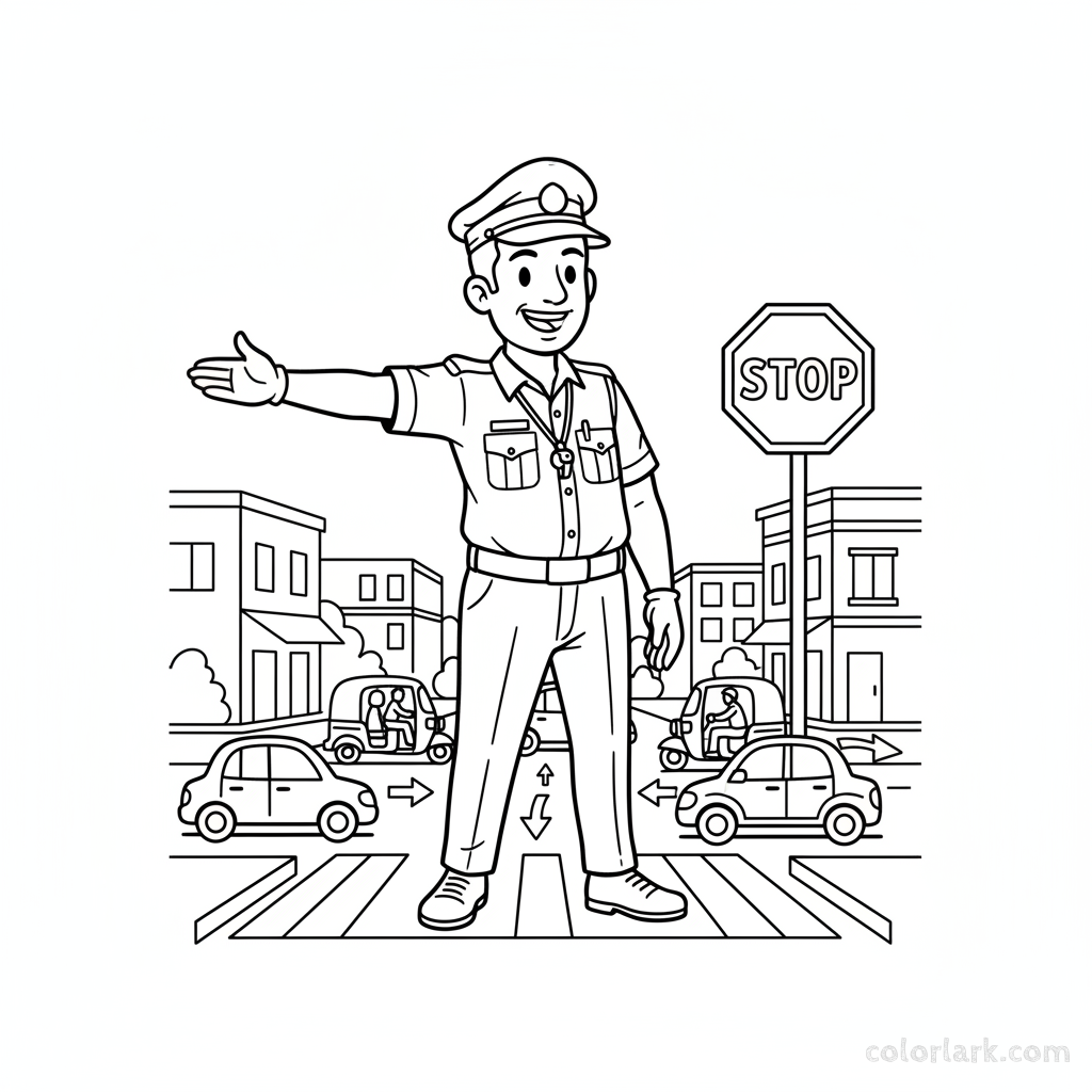 Black and white line art of an Indian traffic warden guiding vehicles near an Indian stop sign.
