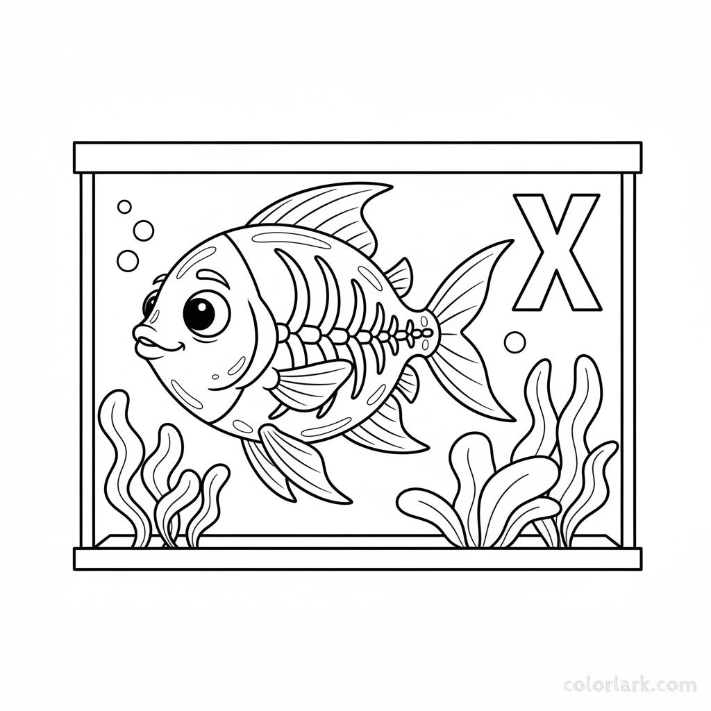 Black and white line art of an X-ray fish swimming next to the letter X.