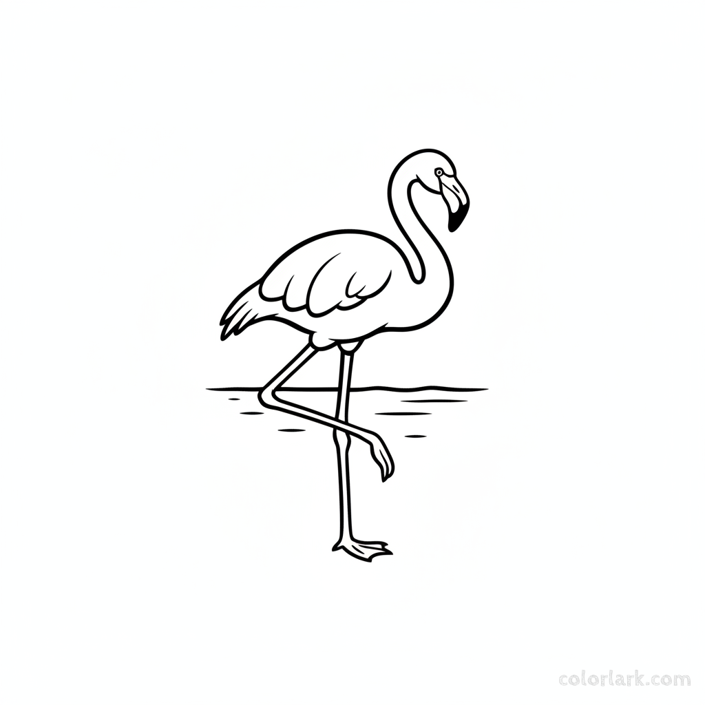 Black and white line art of a tropical flamingo standing on one leg, simplified for easy coloring, suitable for India theme.