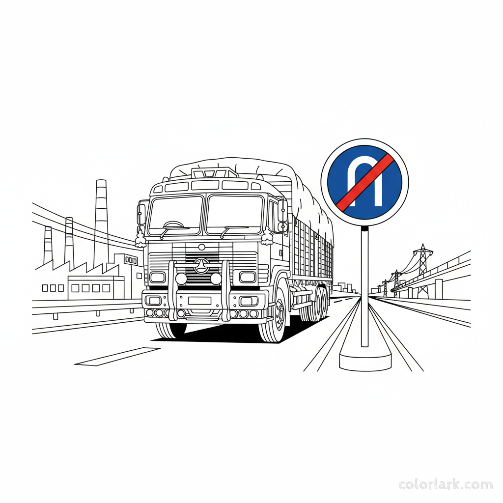 Black and white line art of an Indian cargo truck driving straight, respecting an Indian u-turn prohibited sign.