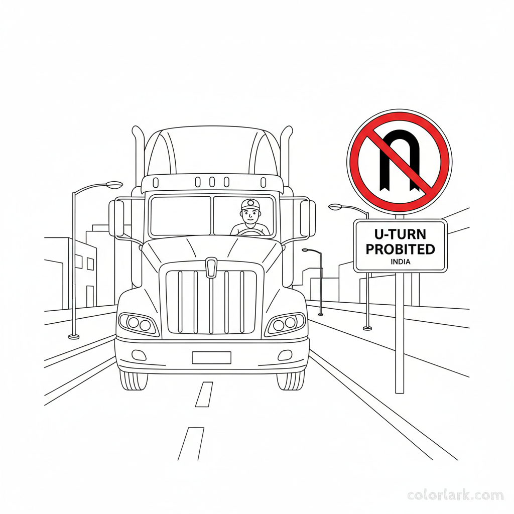 Coloring page of a truck driver following an Indian U-Turn Prohibited sign.