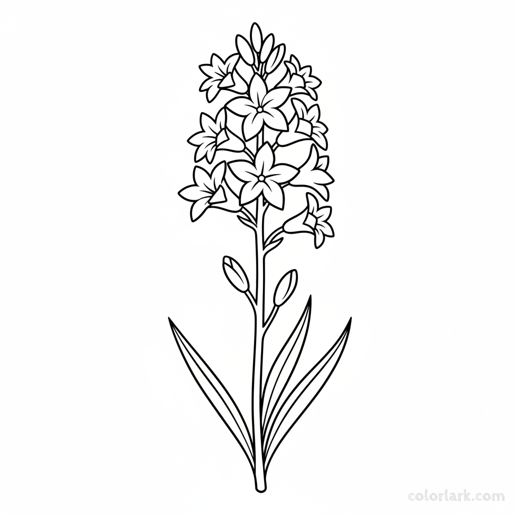 Black and white line art of a simple tuberose flower stalk with multiple clusters of delicate white blooms and long, slender leaves.