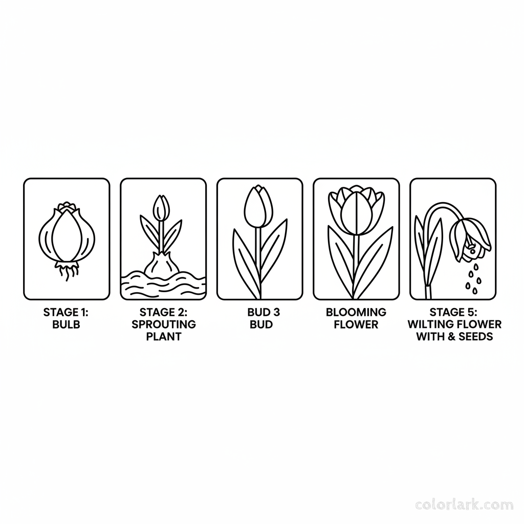 Line art illustration showing the different life cycle stages of a tulip