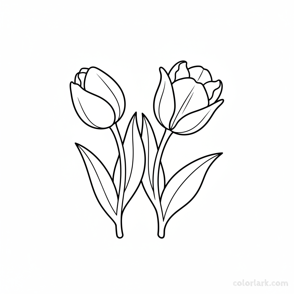 Black and white line art of two simple tulip flowers, with cup-shaped blooms, thick stems, and broad leaves.