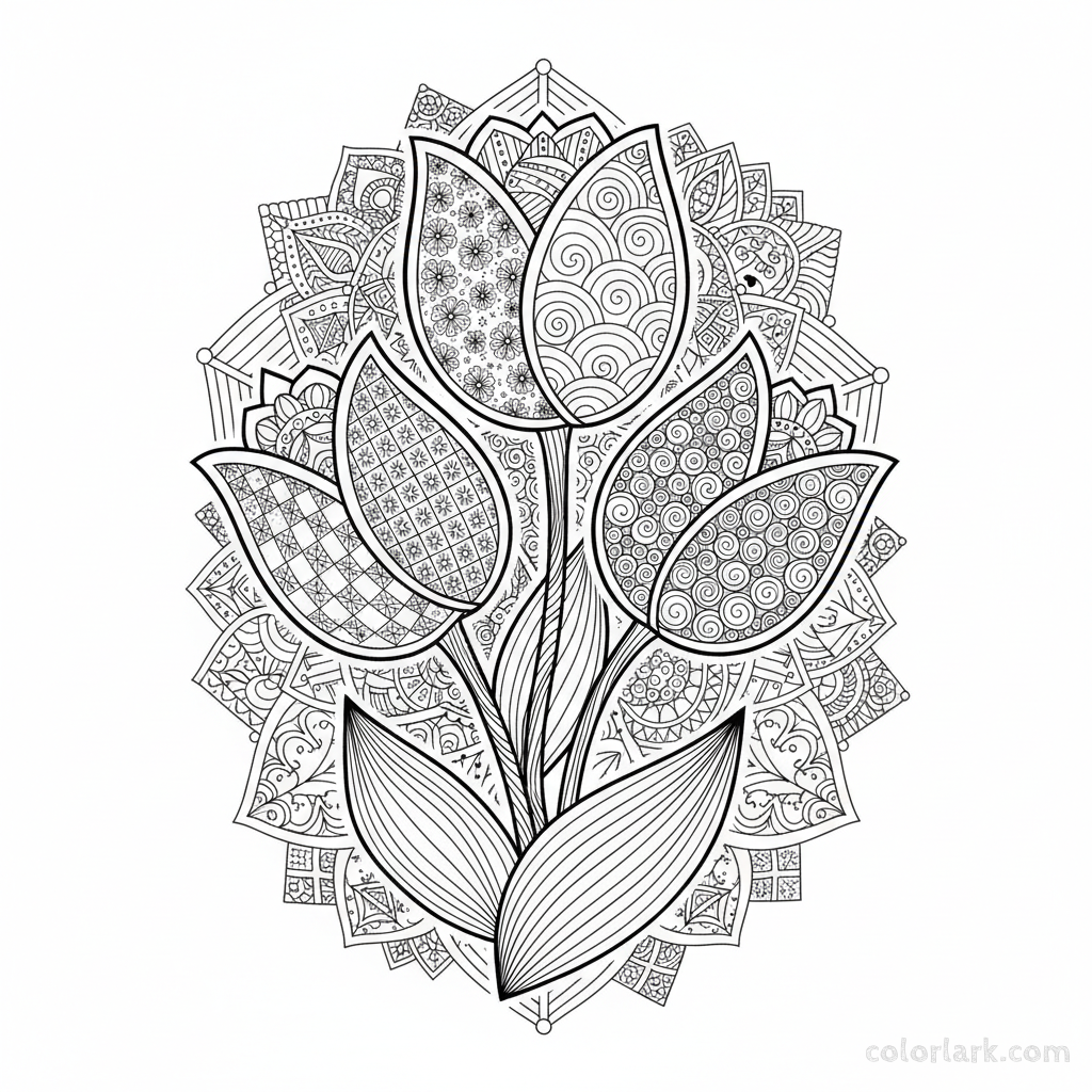 Line art illustration of a tulip filled with intricate Zen Tangle patterns