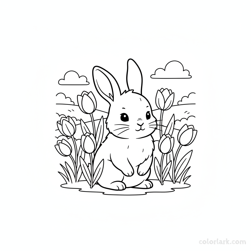 Line art illustration of a cute rabbit sitting among blooming tulips in a spring meadow