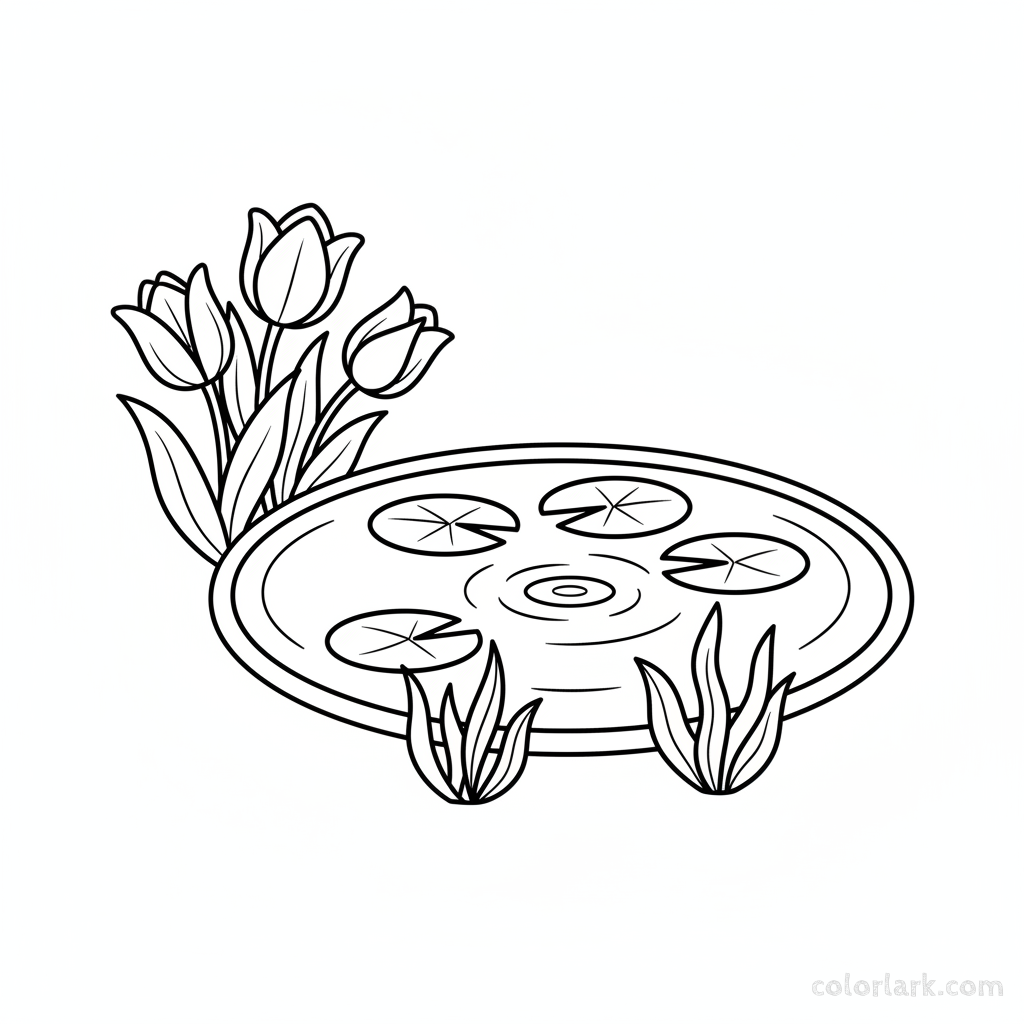 Line art illustration of tulips growing gracefully by a serene garden pond