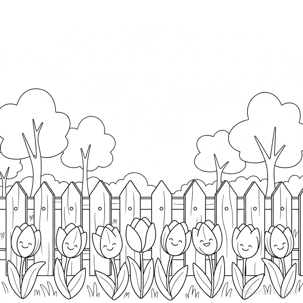Line art illustration of tulips growing along a wooden picket fence