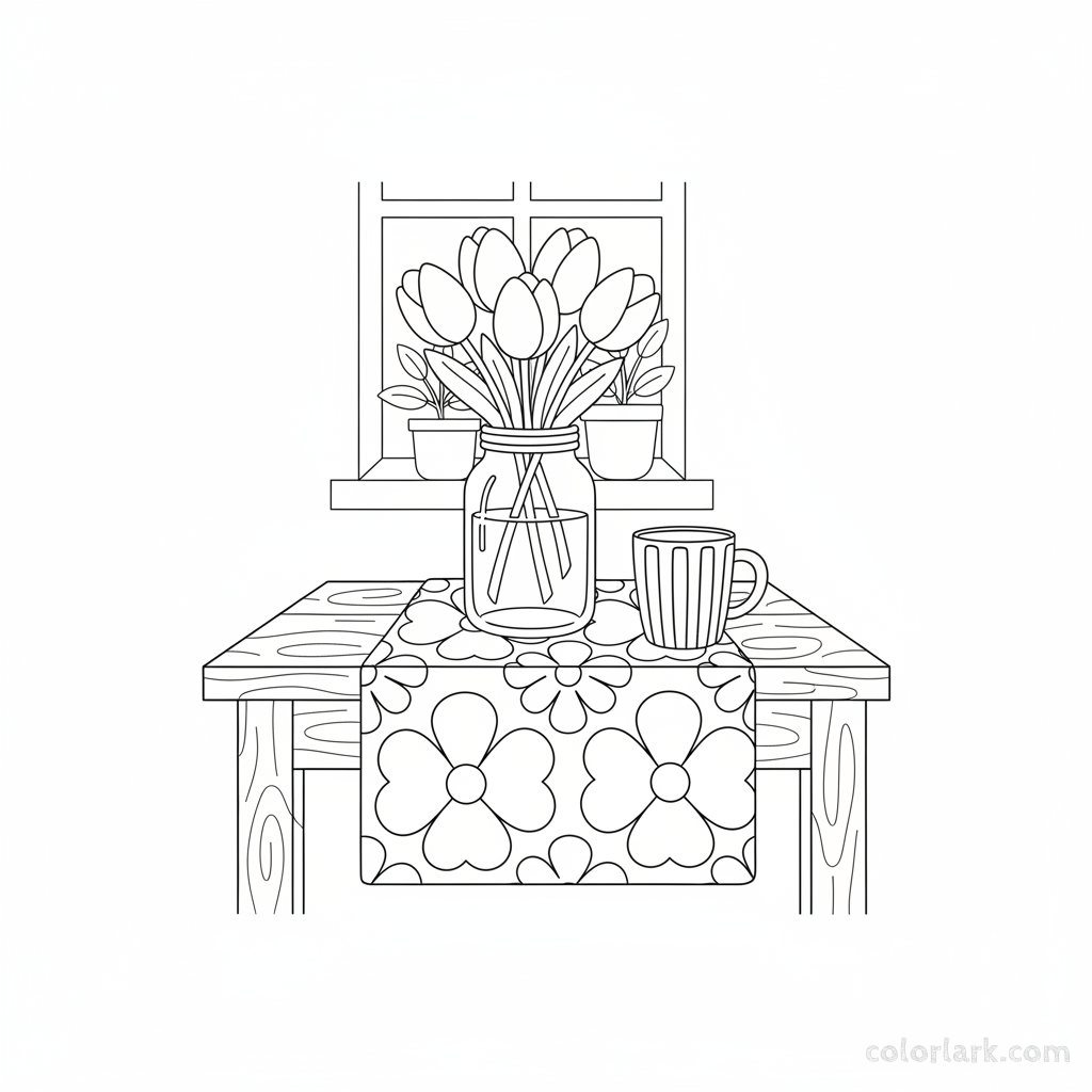 Line art illustration of a tulip bouquet on a cozy kitchen tabletop