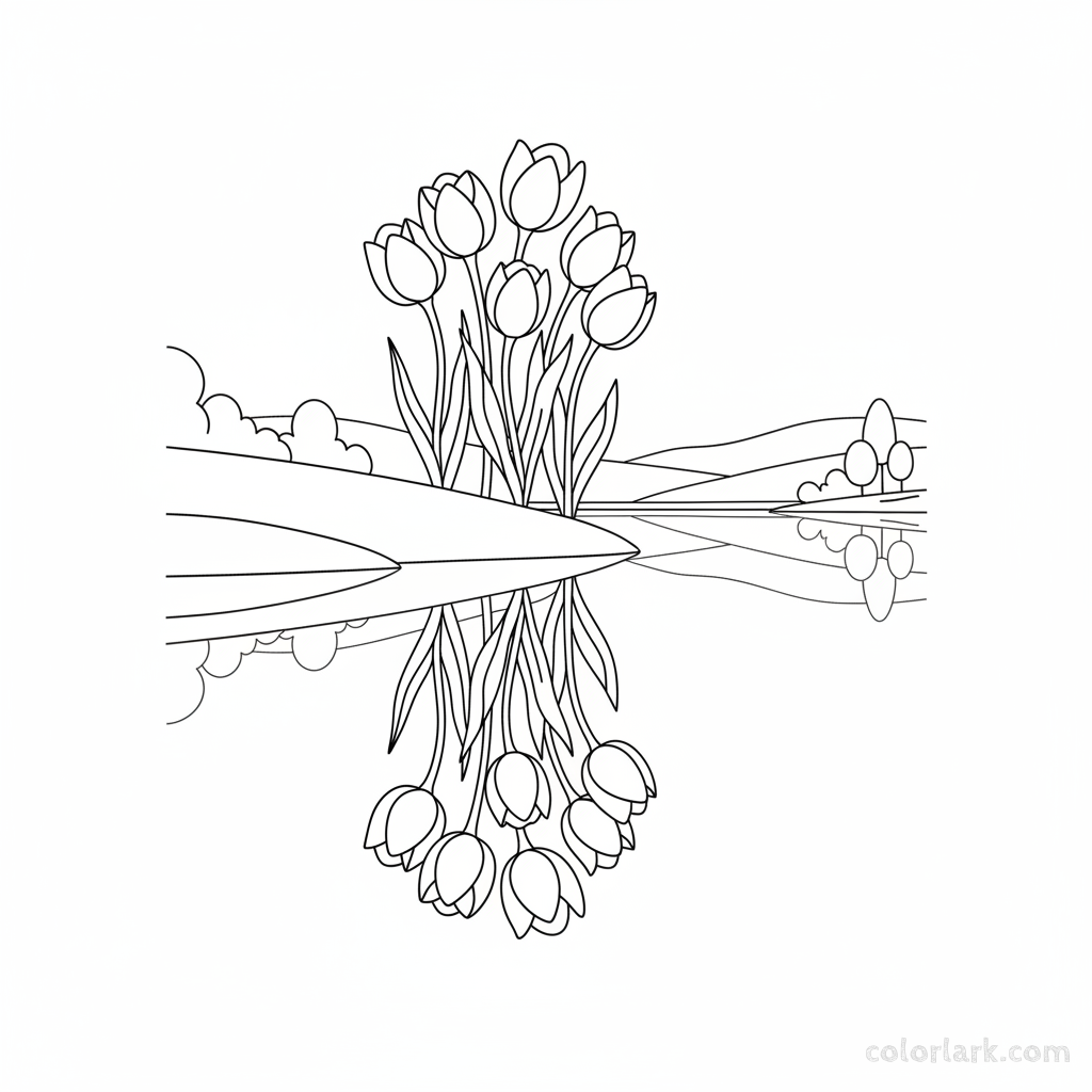 Line art illustration of tulips on a lake shore with their reflections in the calm water