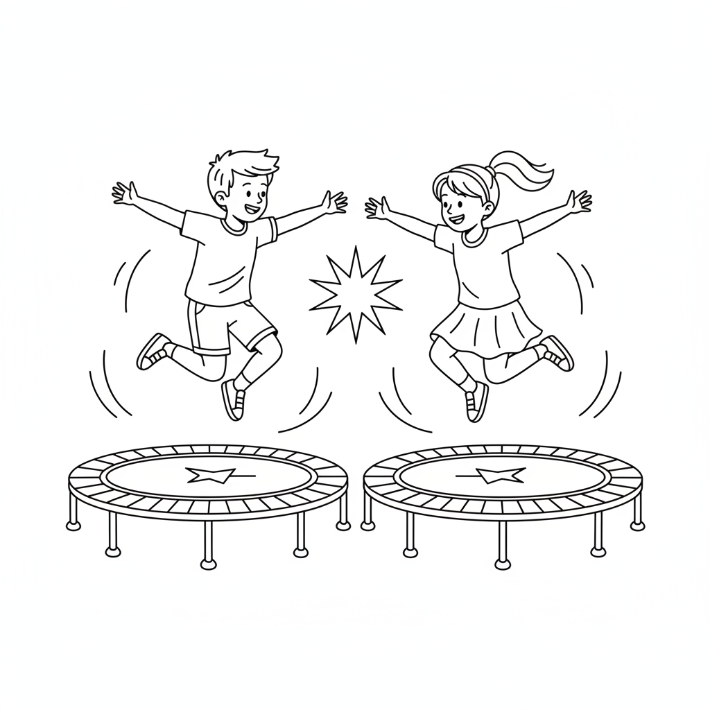 Black and white line art of two children doing mirrored jumps on separate trampolines in a kids fitness center.