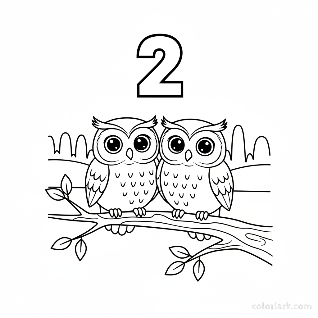 Black and white line art coloring page of two owls on a branch with the number 2.