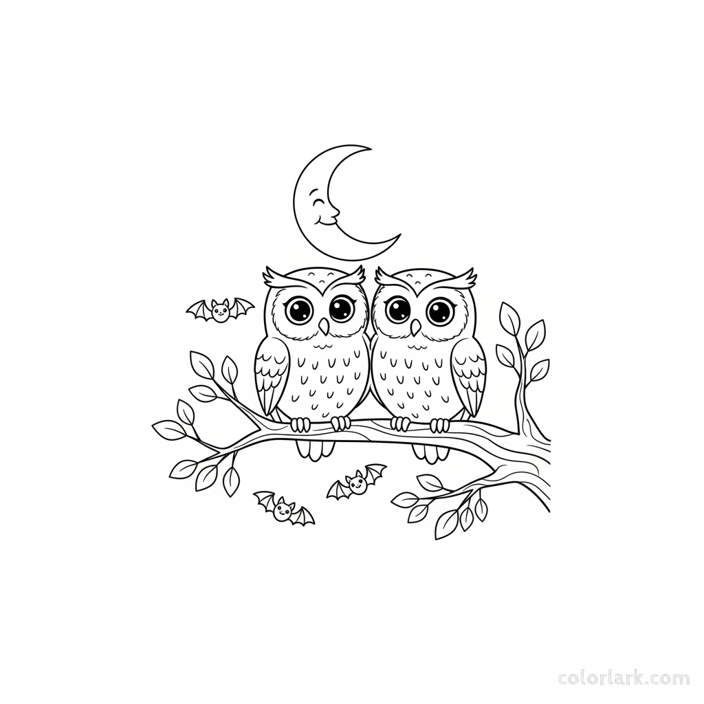 Black and white line art of two cute owls perched on a moonlit branch with tiny bats, Halloween night coloring page.
