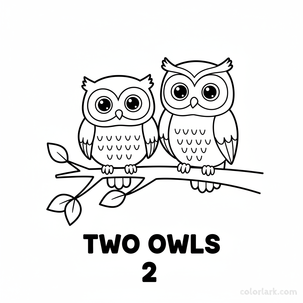 A black-and-white line art illustration of two cute owls perched on a branch, for a number 2 counting coloring page.