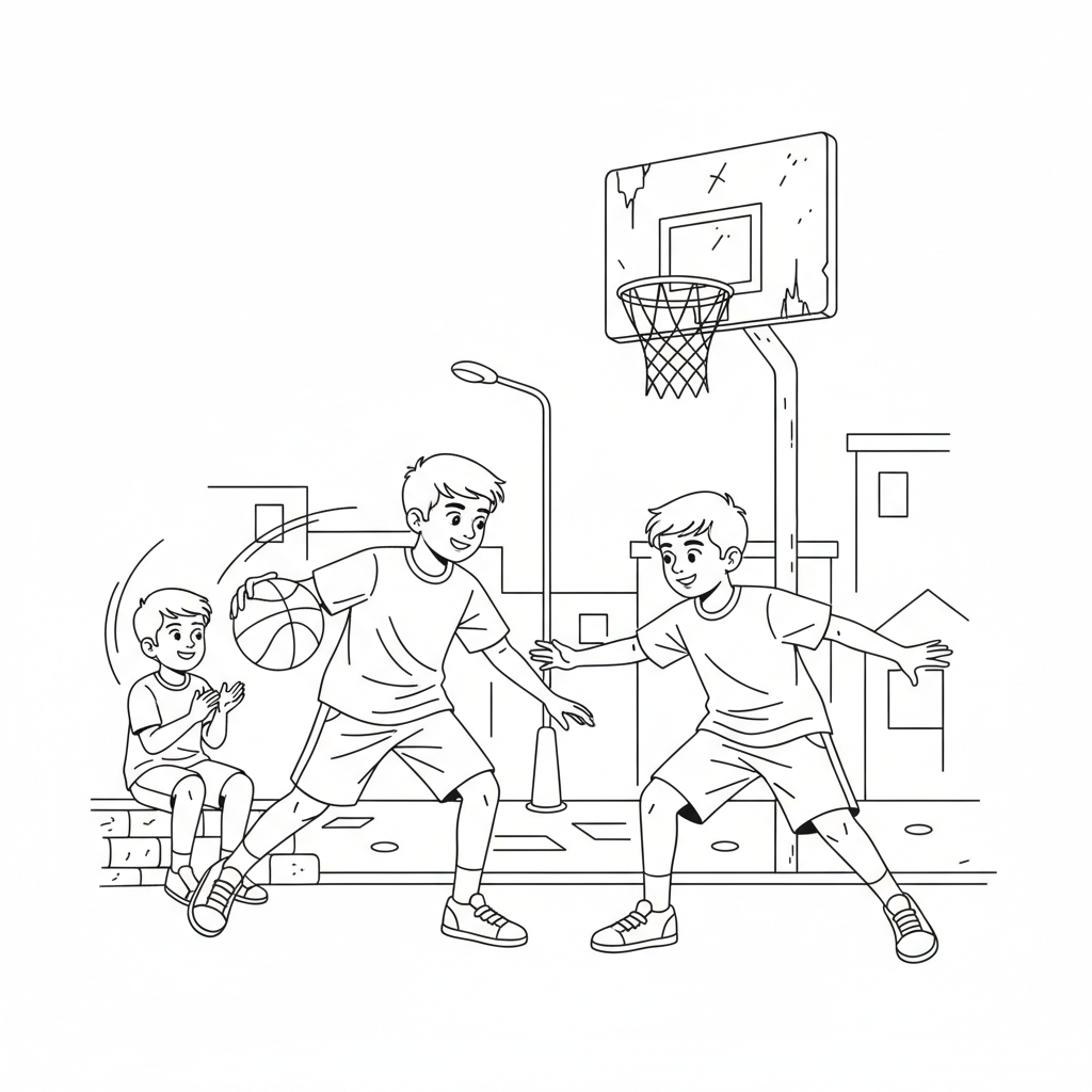 Line art of two Indian friends playing one-on-one street basketball, with a third friend cheering.