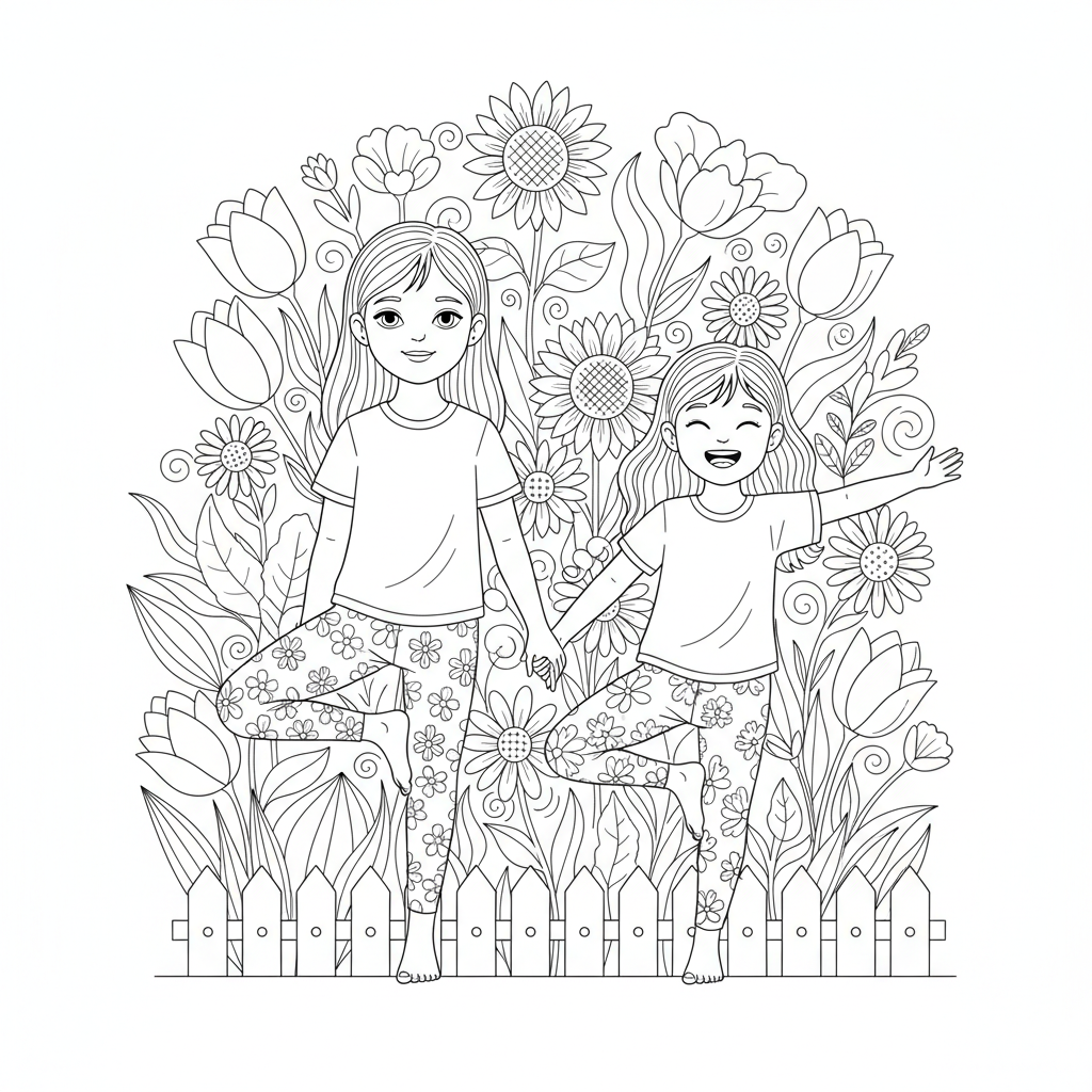 Line art of two girls doing tree pose yoga in a flower garden