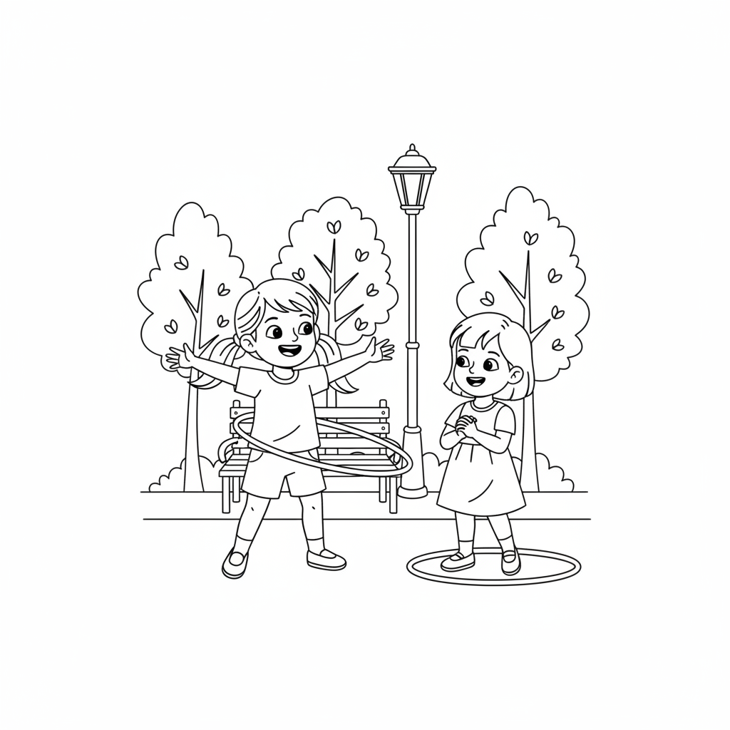 Line art of two girls sharing hula hoop fun in a neighborhood park