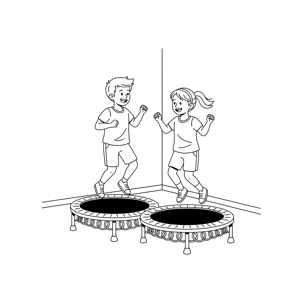 Black and white line art of two happy kids, a boy and a girl, bouncing side-by-side on separate trampolines in a kids' gym.