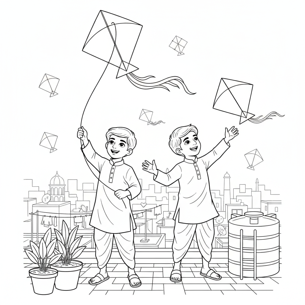 Line art of two Indian boys flying kites on a crowded Indian city rooftop, suitable for coloring.