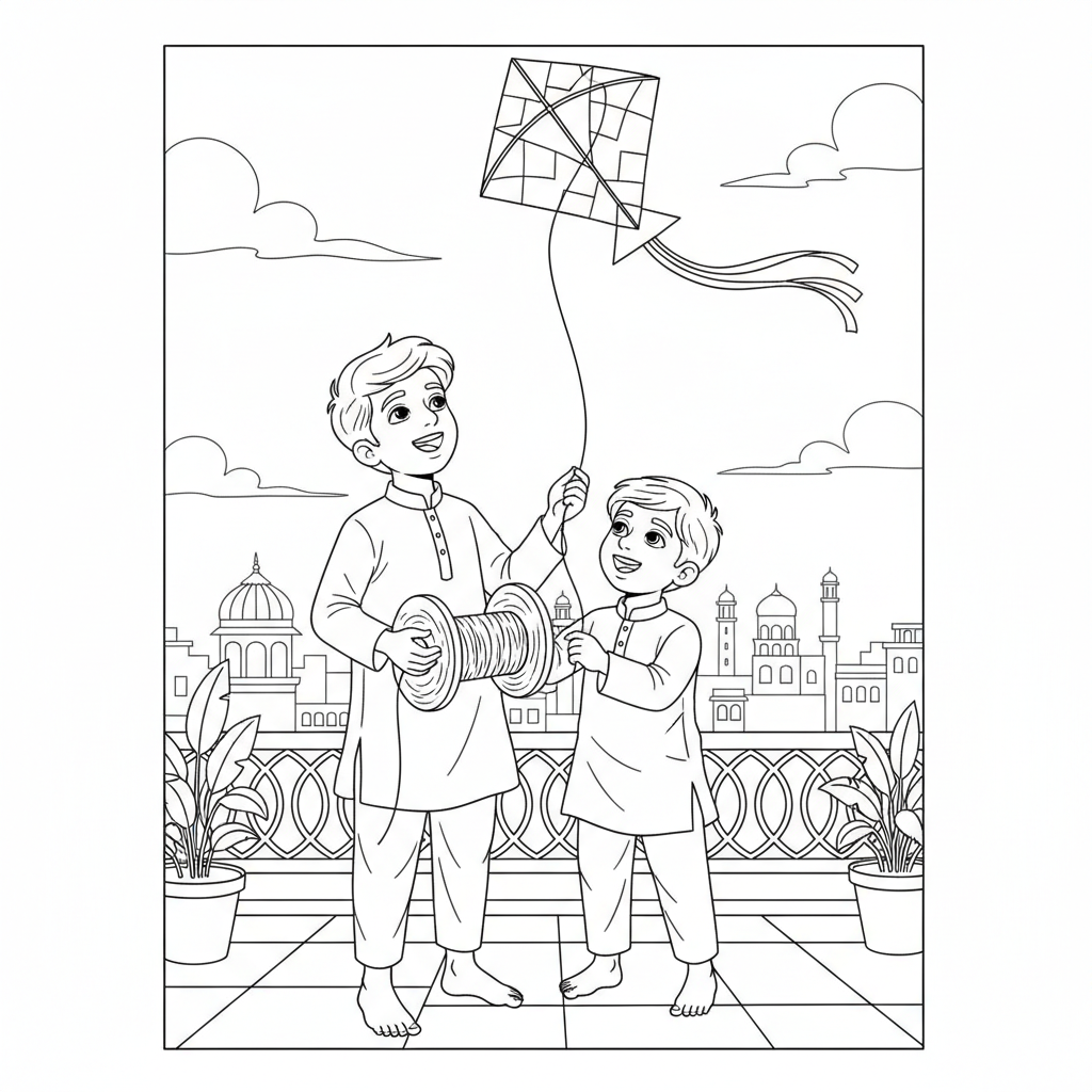 Line art of two Indian boys sharing a kite on a peaceful Indian city terrace, suitable for coloring.