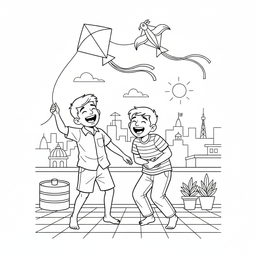 Line art of two Indian boys sharing laughter while flying kites on an Indian city rooftop, for coloring.