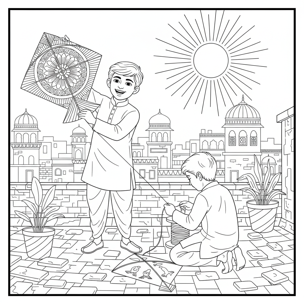 Line art of two Indian boys with intricate kites on a rustic Indian city rooftop, for coloring.