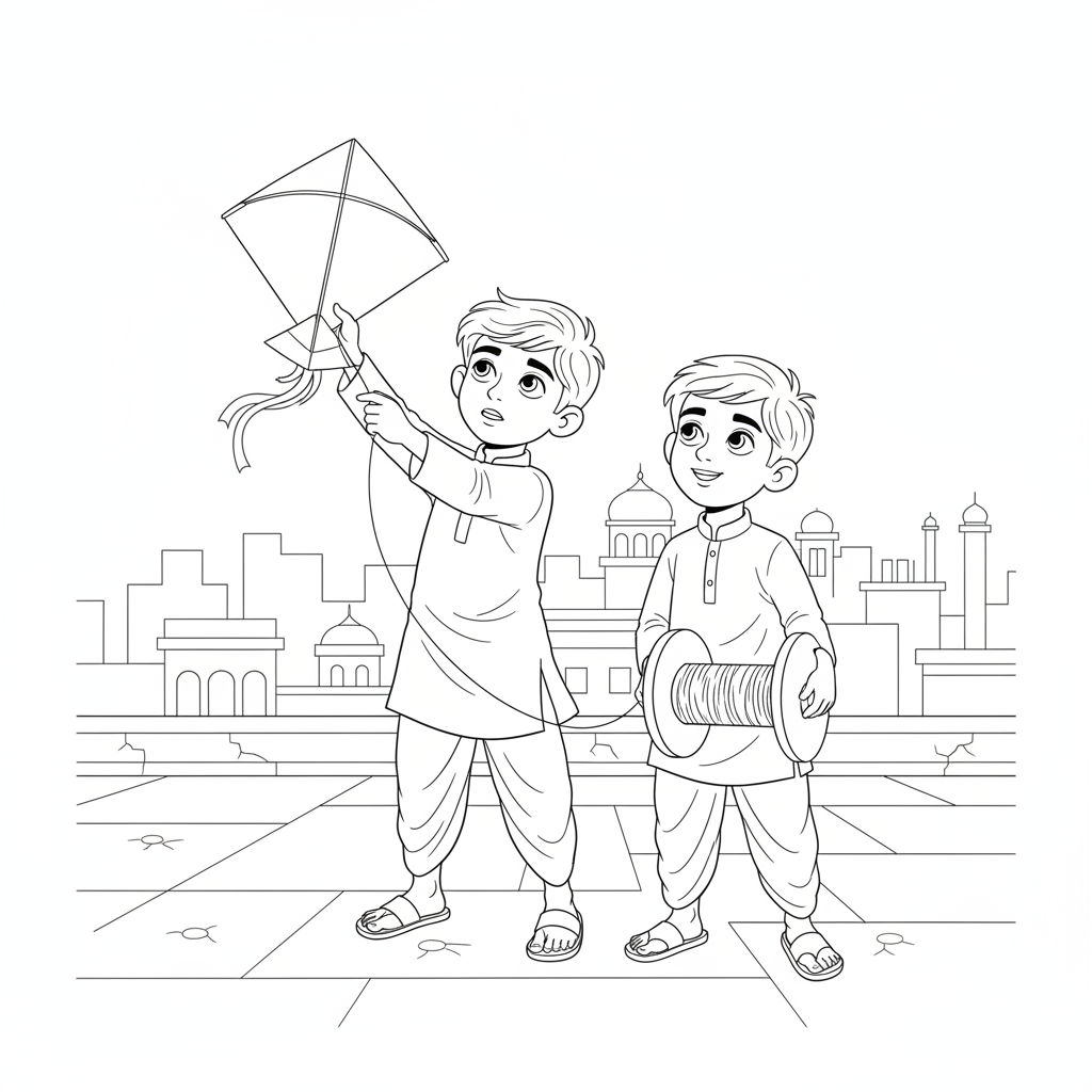 Line art of two Indian boys with their first kites on an Indian city rooftop adventure, for coloring.