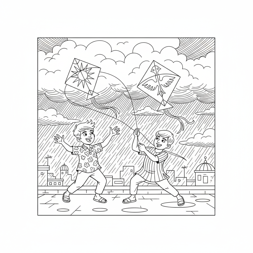 Line art of two Indian boys with kites against an Indian monsoon cloud sky on a city rooftop, for coloring.