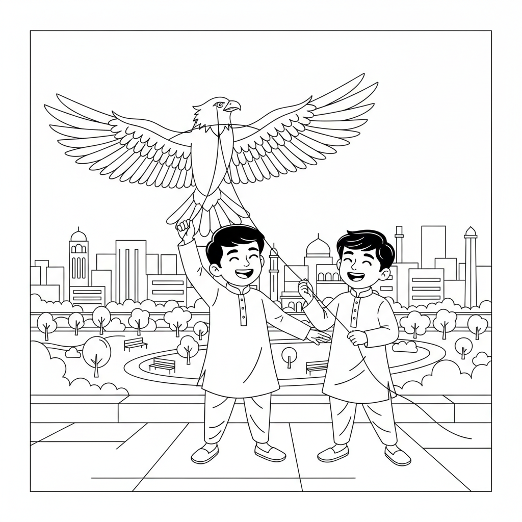 Line art of two Indian boys with unique shaped kites on an Indian city rooftop overlooking a city park, for coloring.