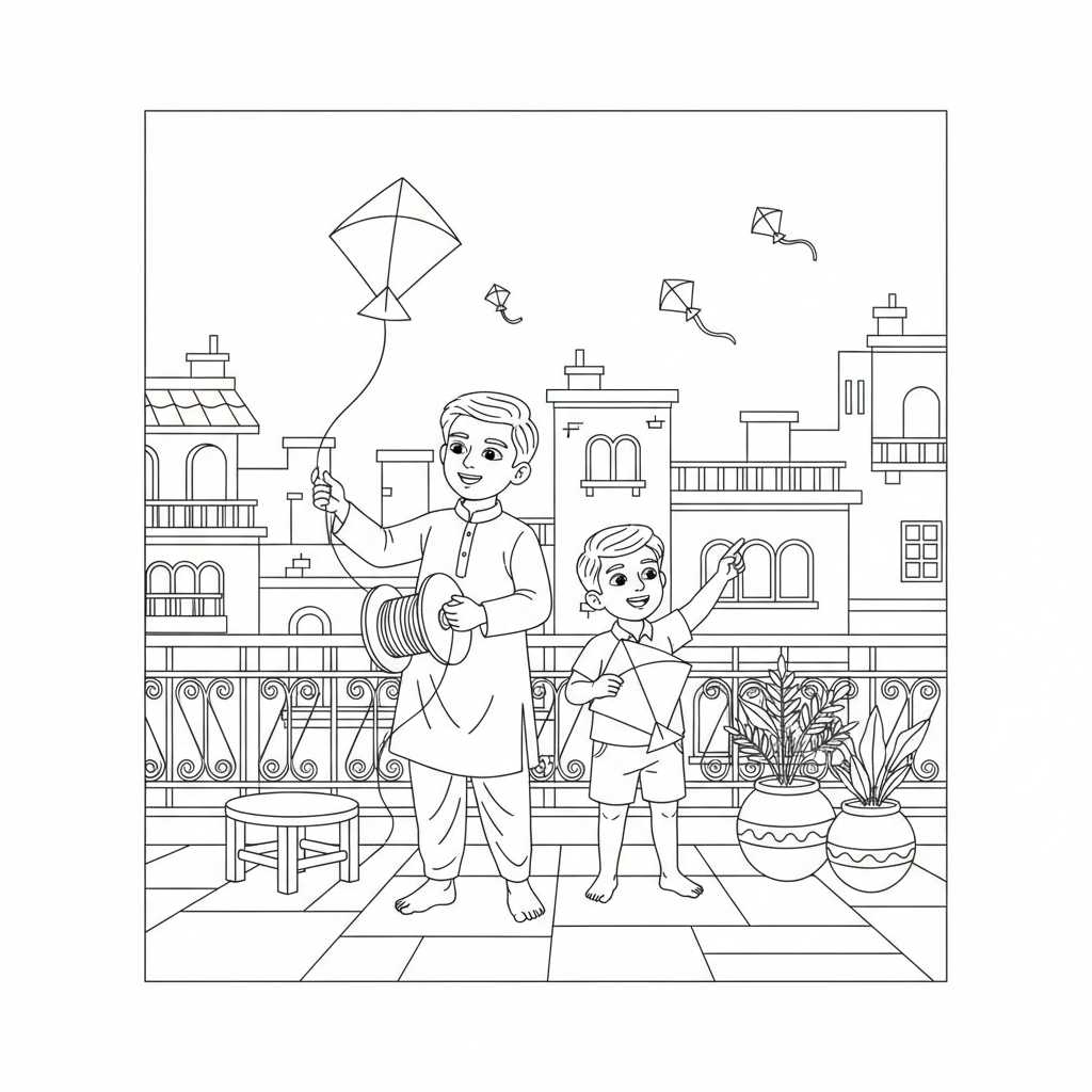 Line art of two Indian brothers flying kites together on an Indian residential terrace, for coloring.