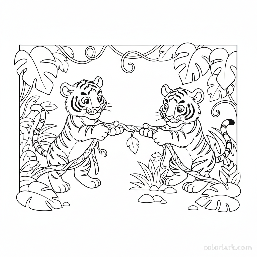Indian tiger cubs playing tug-of-war coloring page
