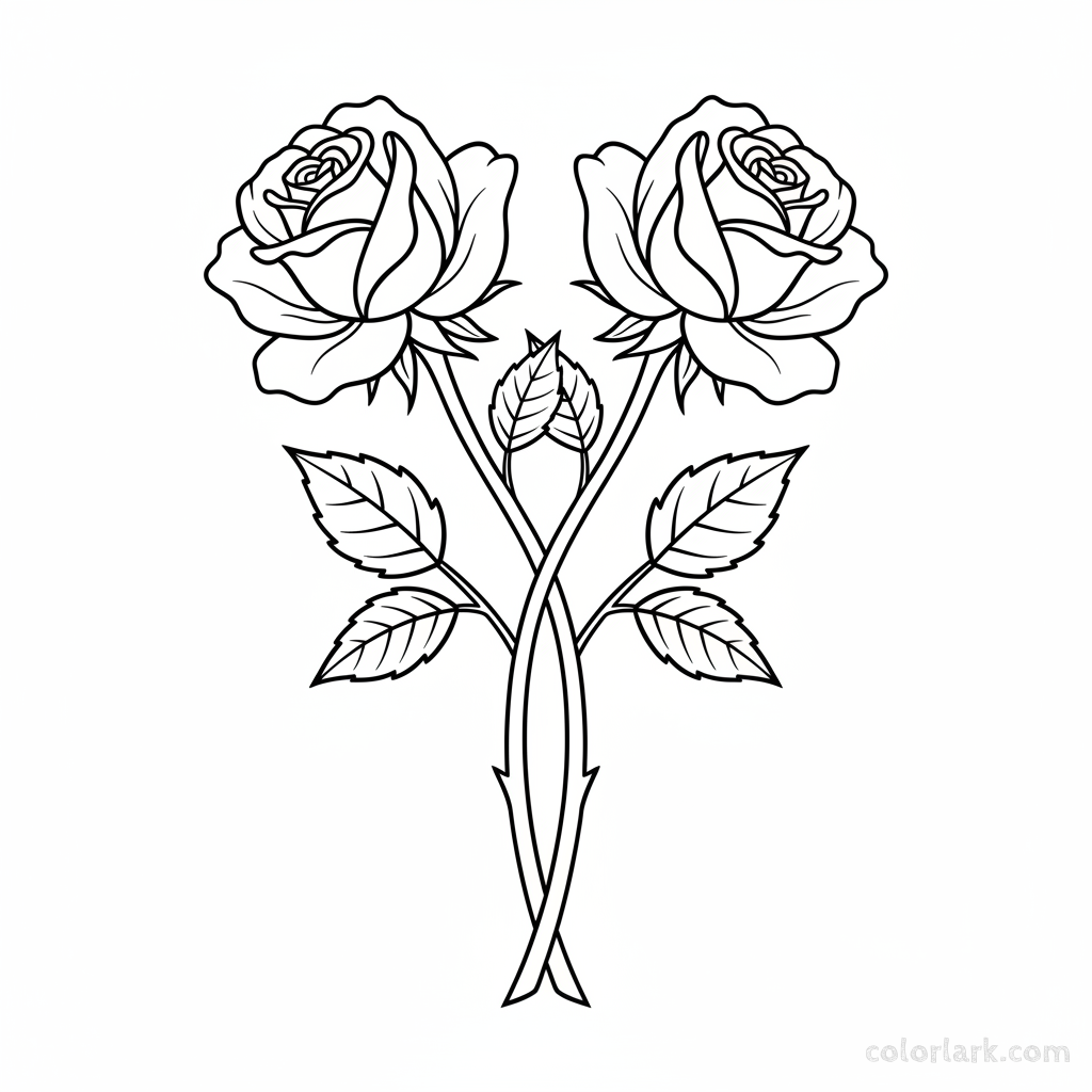 Black and white line art of two beautiful roses with their stems and leaves gracefully intertwined