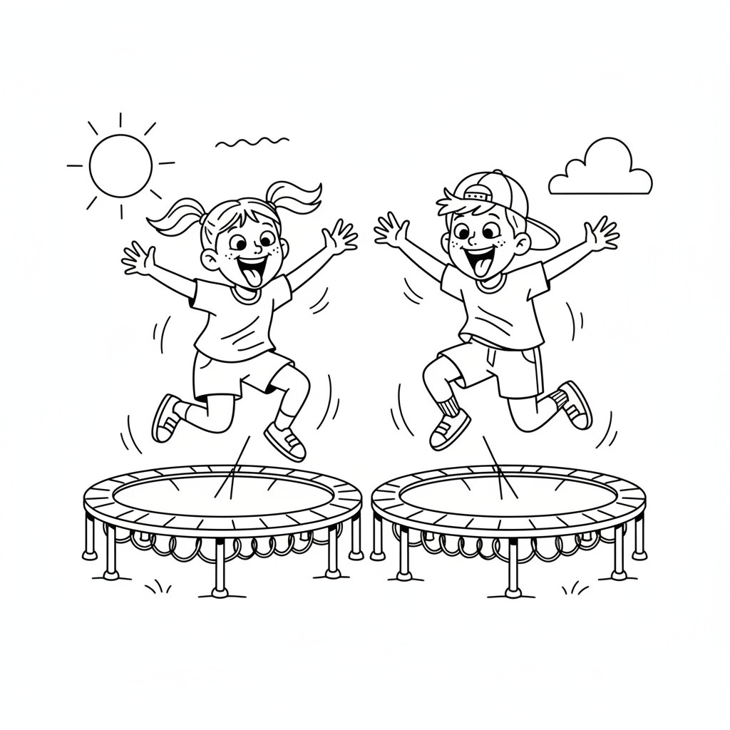 Black and white line art of two kids making funny faces while jumping on separate trampolines.