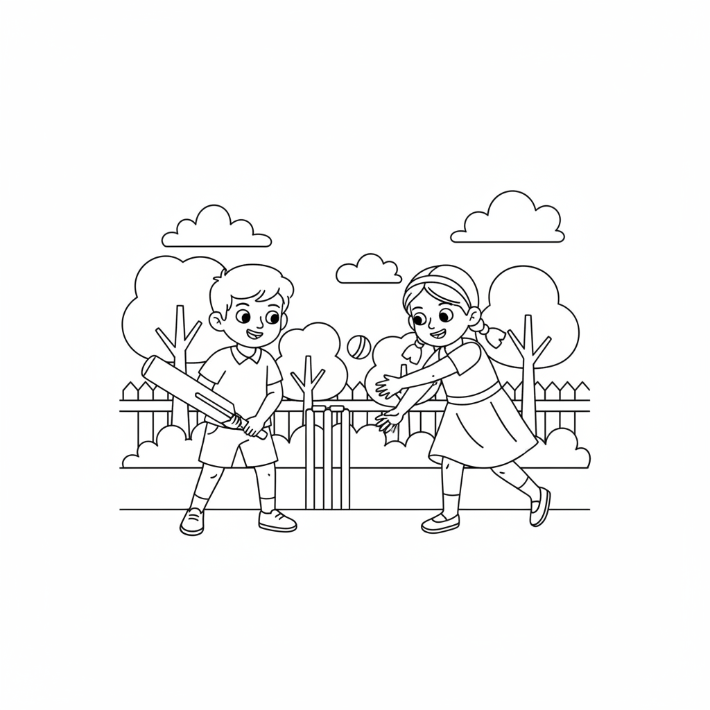 Line art coloring page of two Indian kids, a boy batting and a girl bowling, in a backyard cricket match.
