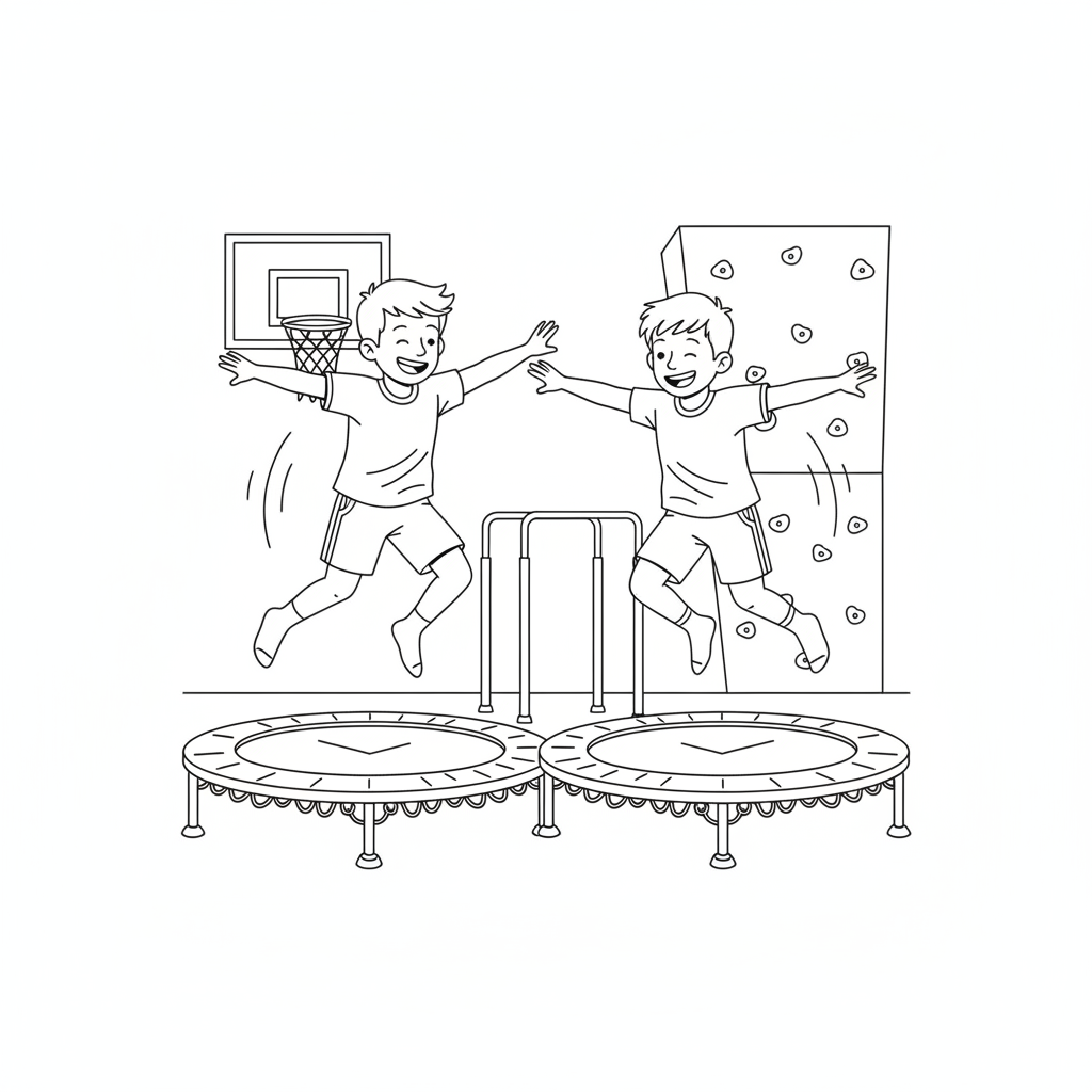 Black and white line art of two playful boys bouncing and leaping on separate trampolines in a kids fitness center.
