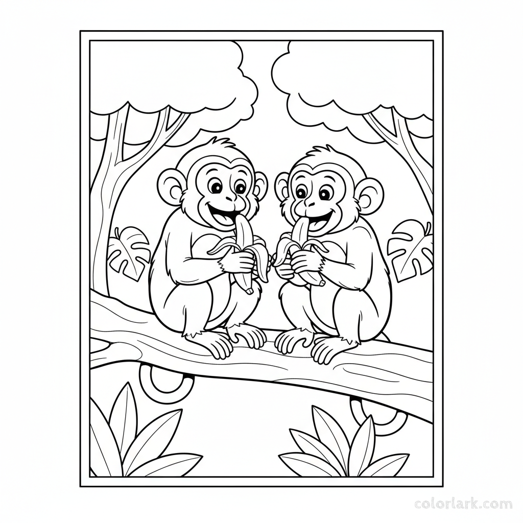 Black and white line art of two playful Indian monkeys sitting on a branch, sharing a banana.