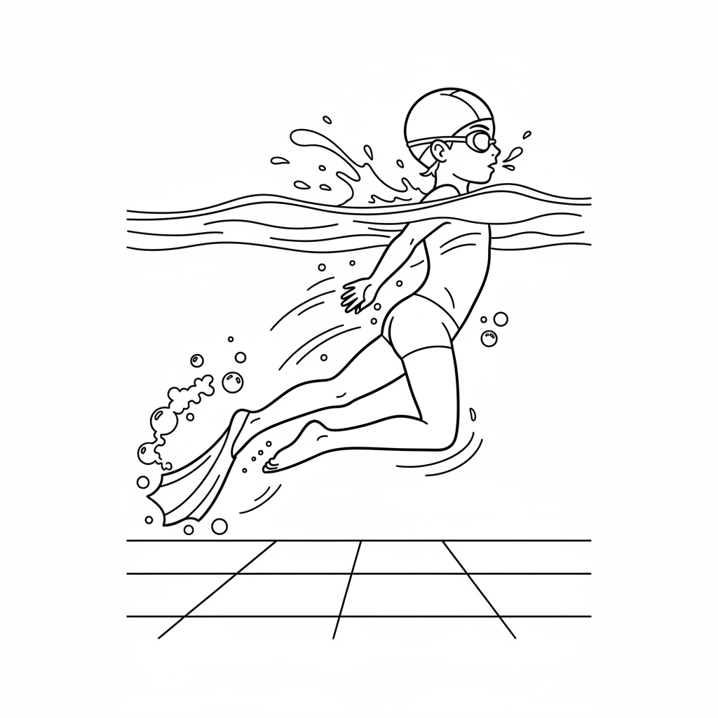 Black and white line art of an underwater view of a child's freestyle kick in a pool, with head and goggles visible.