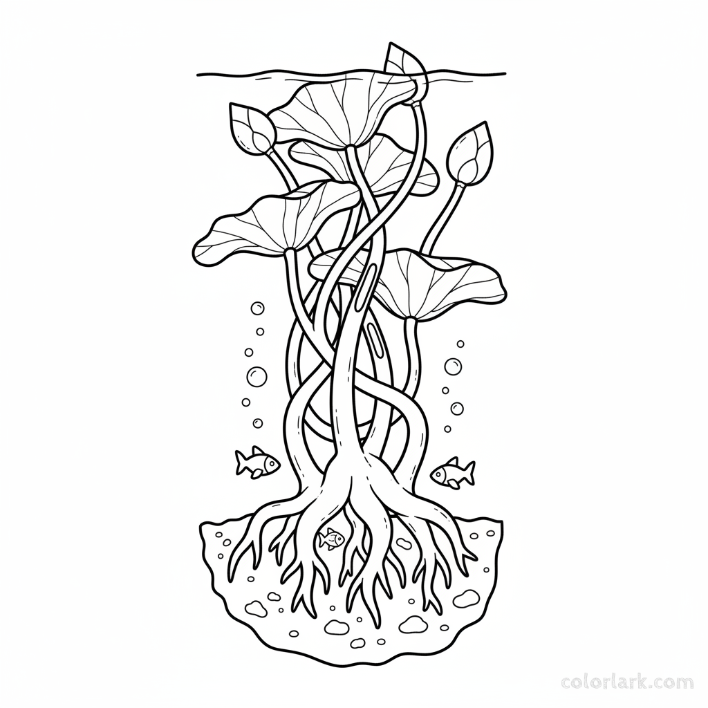 Black and white line art showing an underwater view of lotus roots and thick stems.