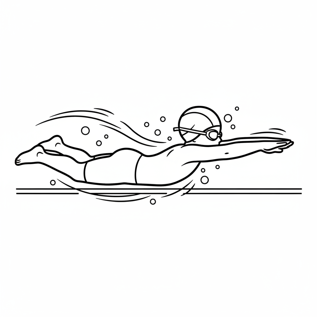 Black and white line art of a child swimming freestyle from an underwater view, wearing a swim cap and goggles.