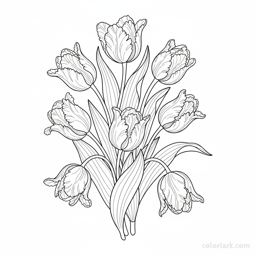 Line art illustration of detailed parrot tulips with ruffled petals